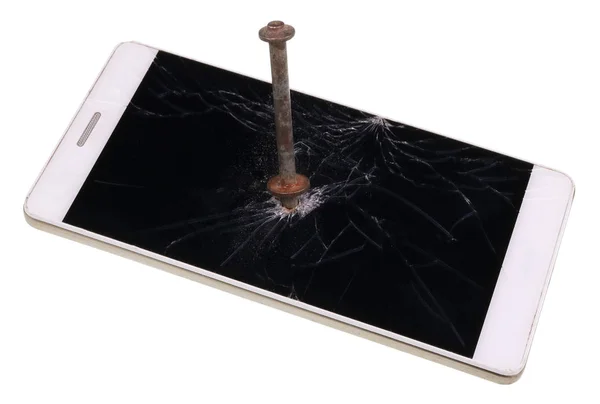 Teléfono moderno es a través de perforado por un clavo de hierro oxidado. Ahora nadie — Foto de Stock