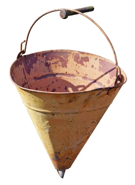 The old yellow hollow fire triangle bucket hangs on the nail. — Stock Photo, Image