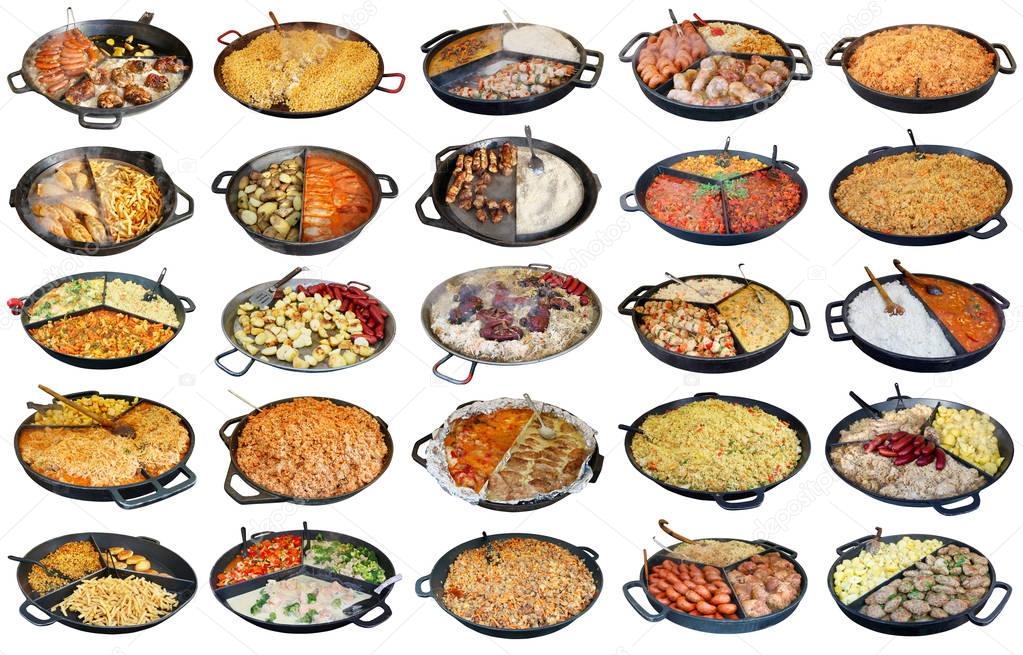 Fast street homemade food  in big frying pans isolated set