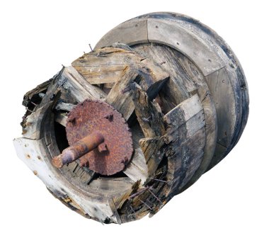 Bir windmil paslı demir eksenden ile çürük vintage ahşap davul