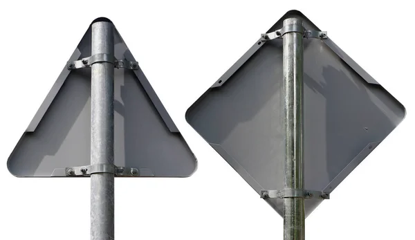 Dos señales de tráfico de metal - triangular y en forma de diamante - un reverso —  Fotos de Stock