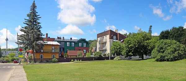 조각, 거리의 녹색 잔디와 크리에이 티브 아파트 빌드 — 스톡 사진