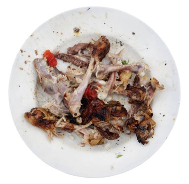 Bir yığın kemik derileri üzerinde beyaz bir seramik plaka ve gelen atık bir 