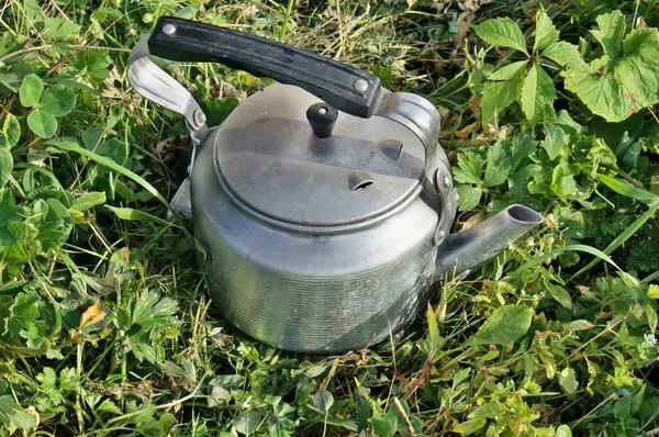 Старий старовинний алюмінієвий електричний чайник на зеленому сільському газоні — стокове фото