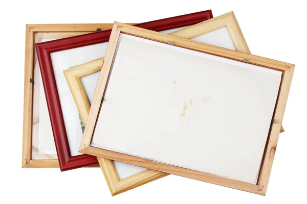 Back side of old wooden vintage photo frames heap — Stock Photo, Image