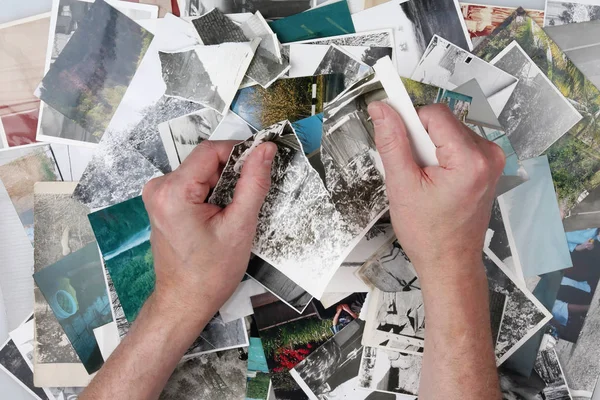 The old man is tearing the old photographs into small pieces to — Stock Photo, Image