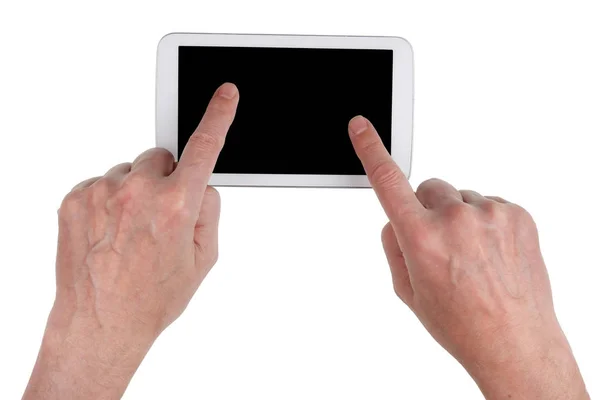 Oude plattelandsdorpje grootvader probeert te gebruiken van het touchscreen van een — Stockfoto