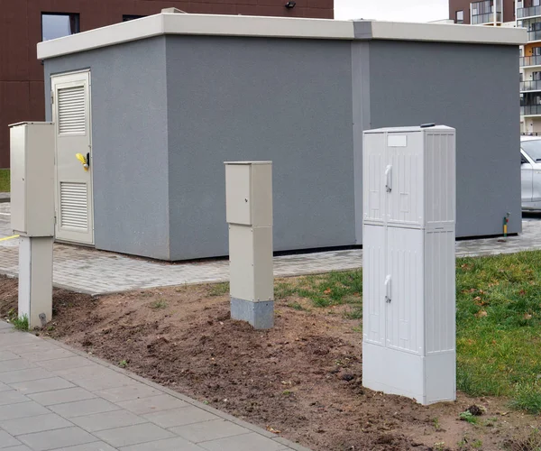 New modern transformer substation and small junction boxes in th — Stock Photo, Image