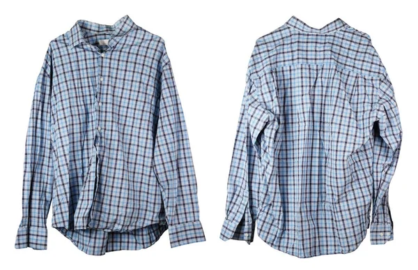 A crumpled old checkered blue man's shirt hangs on a hanger. V — Stock Photo, Image