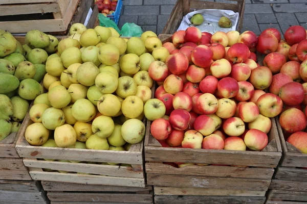 Mercado de rua de frutas de maçãs vermelhas e verdes frescas do jardim em w — Fotografia de Stock