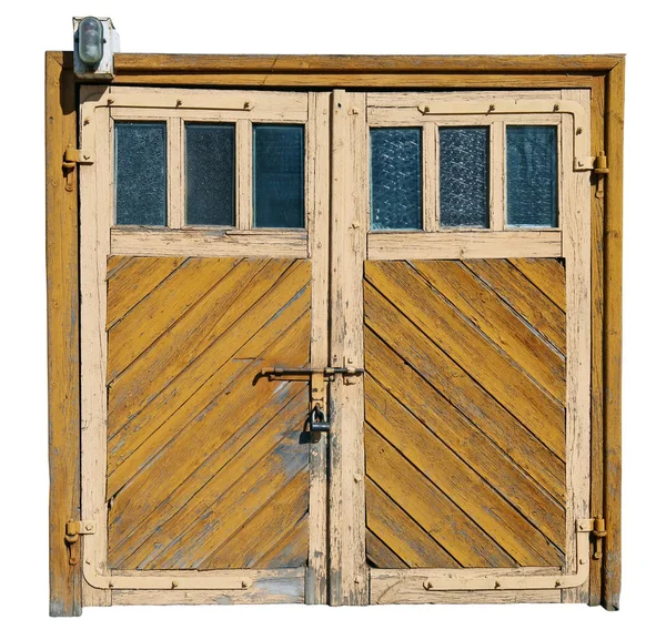 Vintage puertas de garaje de madera amarilla con ventanas de vidrio —  Fotos de Stock