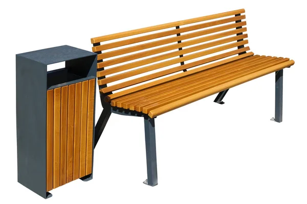 Wooden  new  yellow garden bench with metal legs and modrn trash — Stock Photo, Image