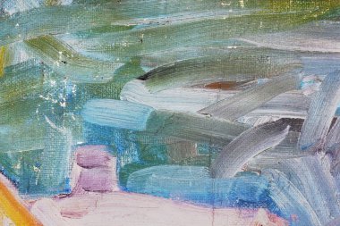 Eski tuval yeşil ve mavi yağ renginde geniş vuruşlarla kaplanmıştır.