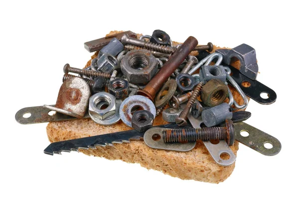 Dangerous food concept  - toast sandwich with nails, nuts, bolts — Stock Photo, Image