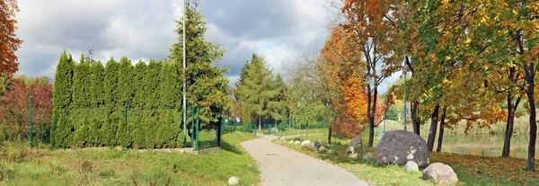 Panoramalandschaft des Herbstes Oktober Dorfstraße mit goldenen m — Stockfoto