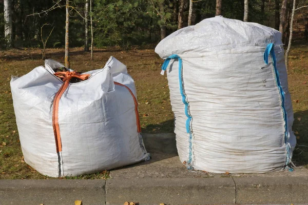 Las grandes bolsas de plástico de para ramas y hojas en la madera —  Fotos de Stock