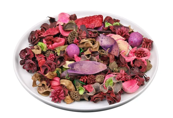 Fragrant dried red  tropical forest flowers  nuts and fruits for — Stock Photo, Image