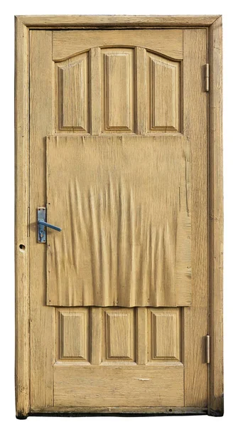 Aged curved old yellow plywood wooden door to a rustic barn isol