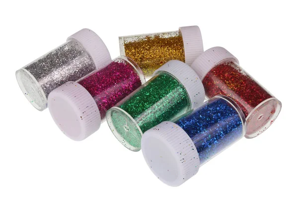 Transparent jars with multi-colored metal sparkles  for Christma — 스톡 사진