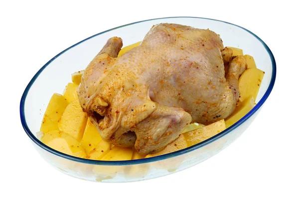 Mit Honig und Ingwer eingelegtes rohes Huhn liegt auf den Scheiben von — Stockfoto