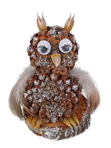 Guest homemade Christmas owl made of pine cone and feathers isol — Stock Photo, Image