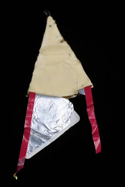 Abra Queso Triangular Procesado Con Cebolla Embalaje Papel Aluminio Aislado —  Fotos de Stock