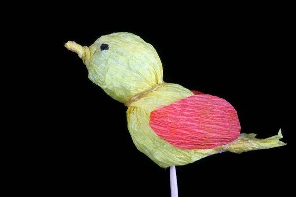 Funny Handmade Easter Bird Made Yellow Paper Isolated Black Studio — Stock Photo, Image