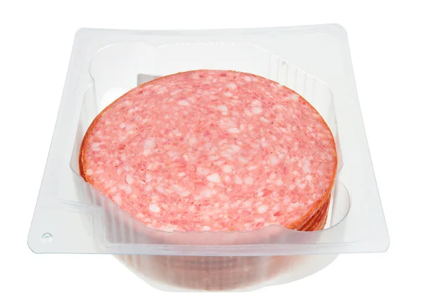 Ronde Plakjes Gerookte Worst Salami Met Peper Vet Geopende Plastic — Stockfoto