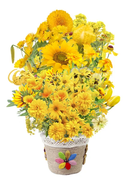 Large Bouquet Yellow Spring Summer Flowers Isolated White Photo Collage — Stock Photo, Image