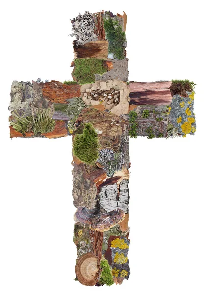 Cross Jesus Heart Made Natural Forest Objects Isolated White Collage — Stock Photo, Image