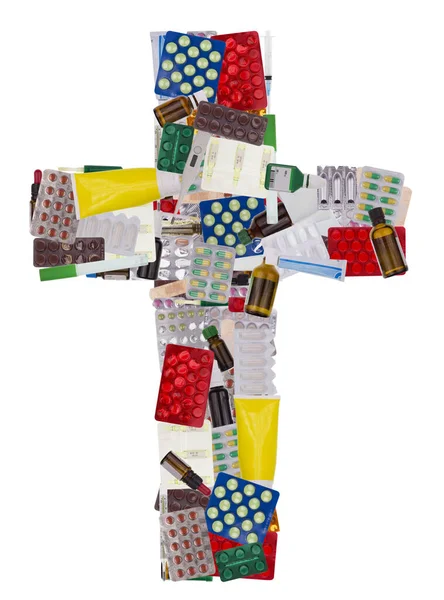 Cross Jesus Christ Made Pills Medications Isolated White Collage — Stock Photo, Image