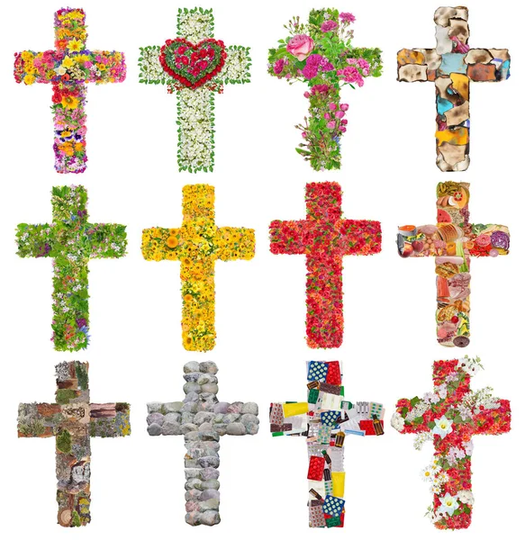 Crosses Jesus Heart World Disease Set Handmade Collages Flowers Stones — Stock Photo, Image