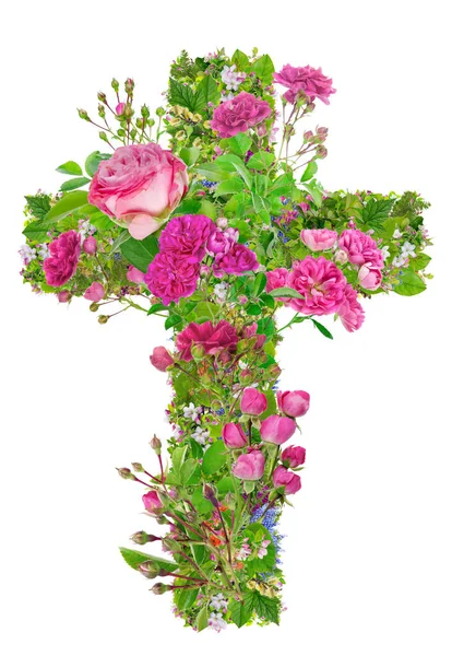 Groene Kruis Met Bloesem Scherpe Rozen Van Jezus Mijn Hart — Stockfoto