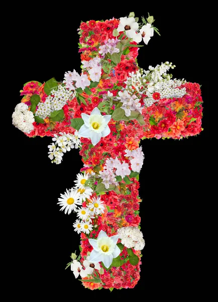 Θρήνηση Του Ιησού Κόκκινο Σταυρό Λευκά Λουλούδια Απομονωμένο Μαύρο Χειροποίητο — Φωτογραφία Αρχείου