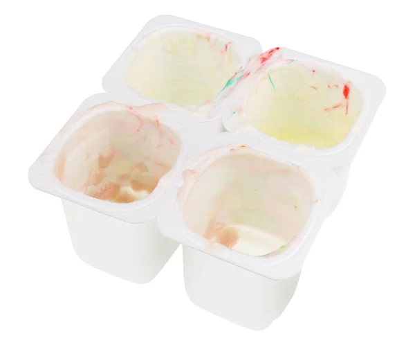 Open White Empty Plastic Cups Fruits Yogurt Sweet Candies Isolated — Stock Photo, Image