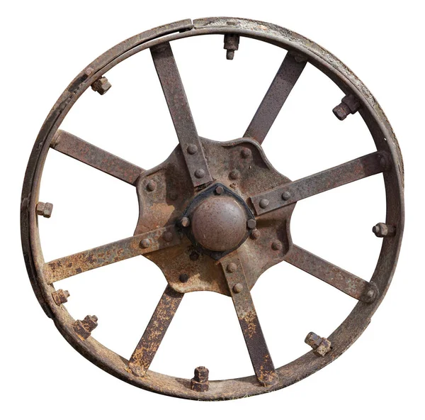Roda Retro Metal Enferrujado Uma Maquinaria Trator Agrícola Isolado Branco — Fotografia de Stock