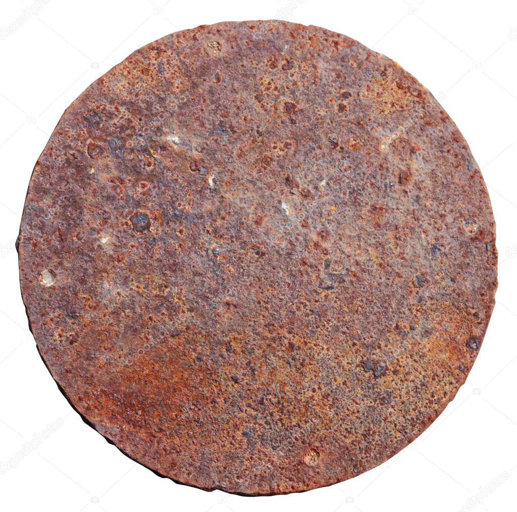 Very rusty round vintage iron sewer damper. Isolated on white retro object