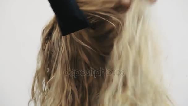 Female Hand With Red Nail Polish Use Hairdryer On Dyed Blonde Hair
