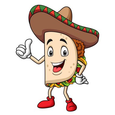 Çizgi film taco 'su sombrero giymiş, başparmağını kaldırıyor.