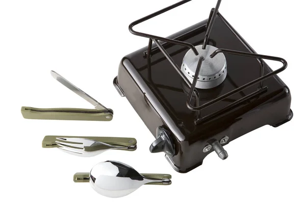 Turist için ayarlayın. Bir kaşık, çatal, bıçak ve Portatif gaz sobası