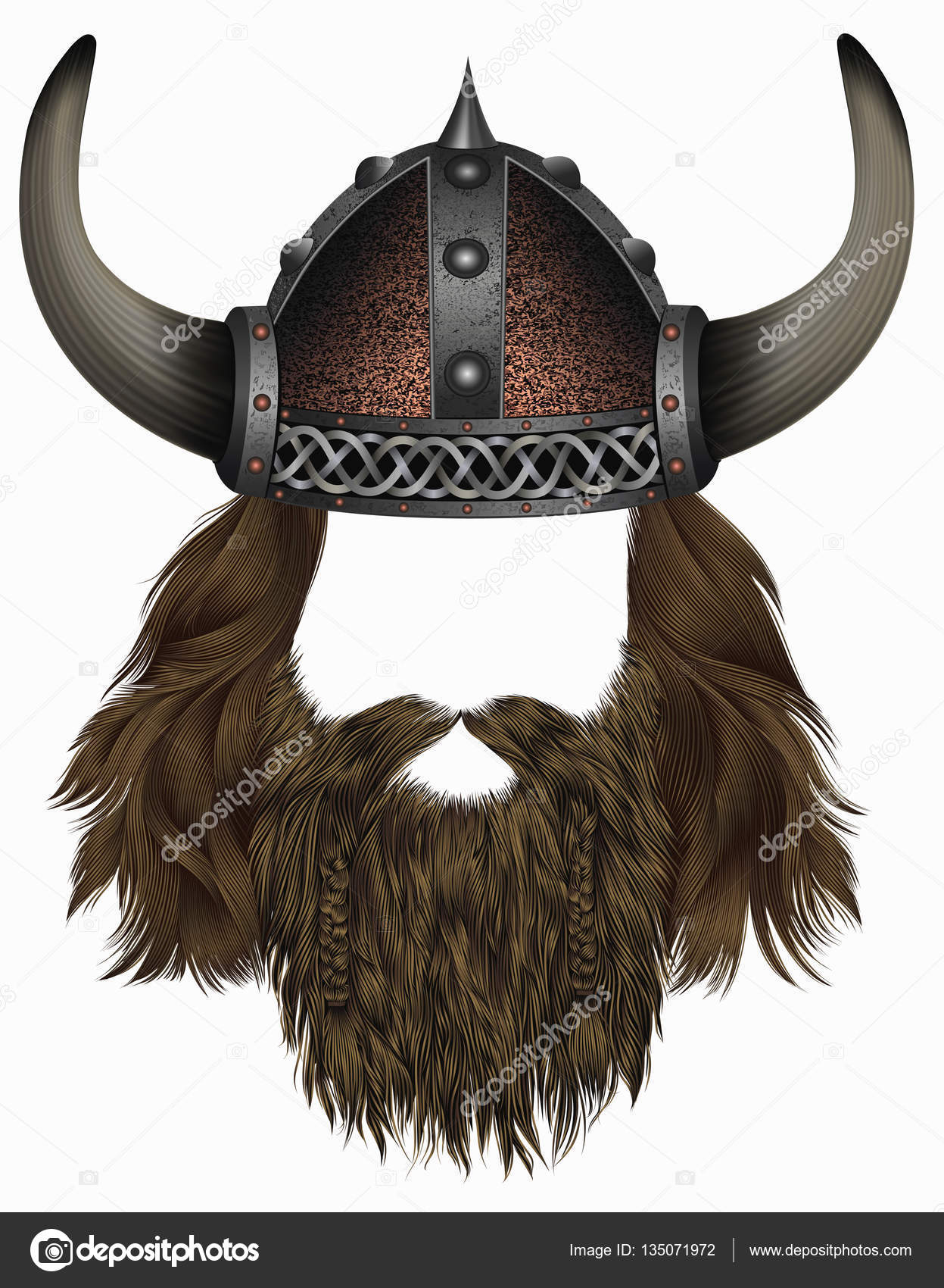 Viking in horned helmet . mask wig. man hair with beard . Stock Vector
