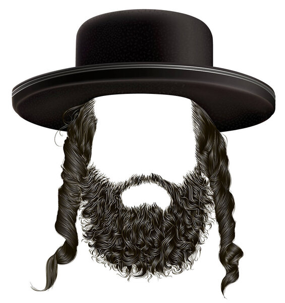 black  hair sidelocks with beard . mask wig jew hassid in hat .