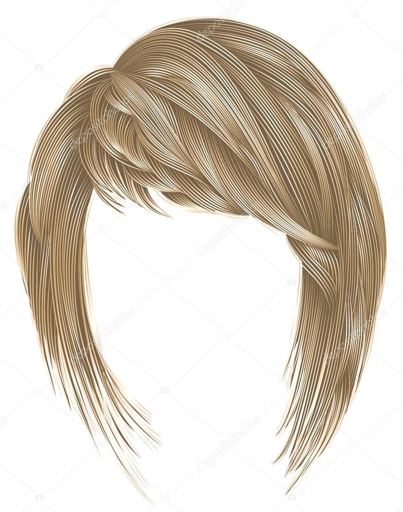 trendy  woman  hairs kare with fringe  . light  blond  colors .  medium length . beauty style . realistic  3d .