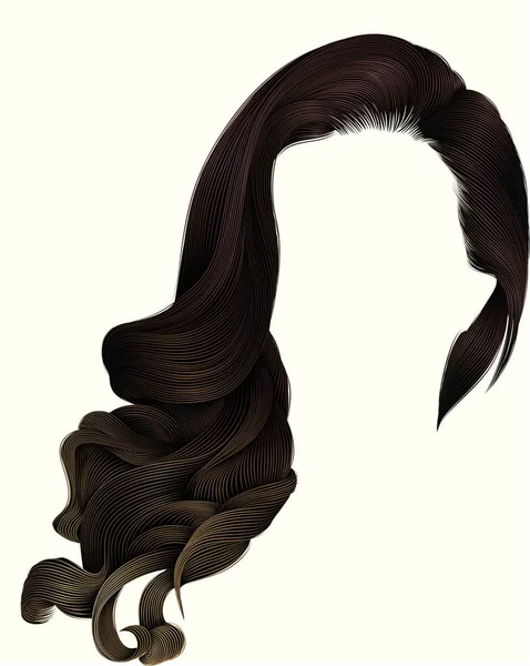 Mulher na moda longos cabelos encaracolados morena peruca marrom. estilo retro  . — Vetor de Stock