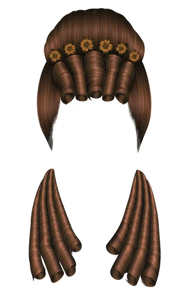 Cabelo de peruca de mulher cachos. estilo medieval rococó, barroco. pão de hairdress alto com flores . —  Vetores de Stock