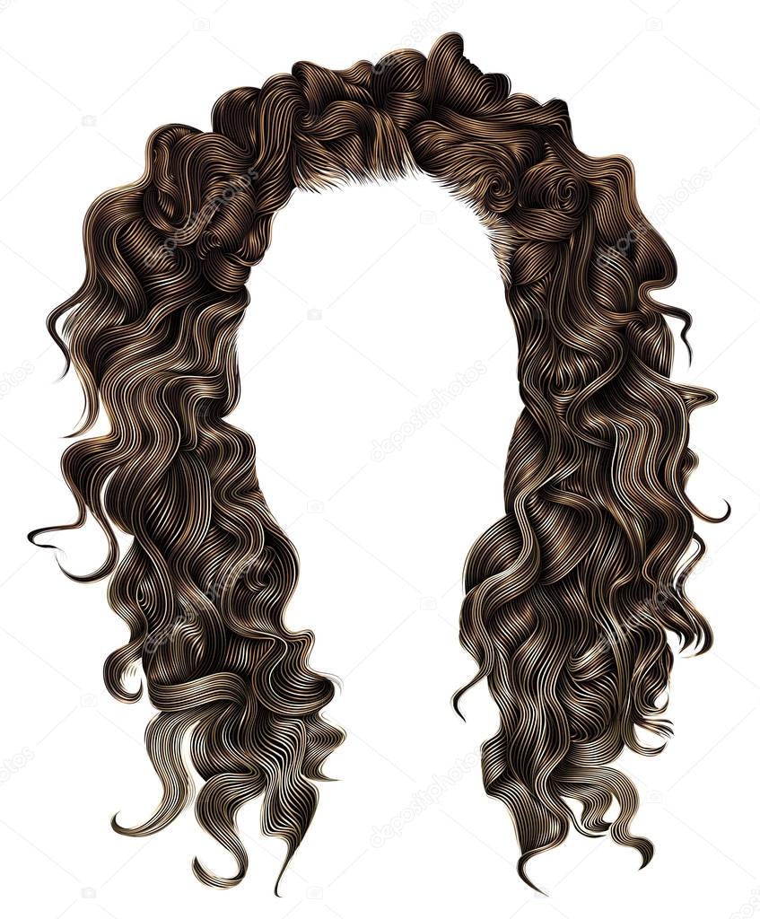 woman trendy long curly brunette hairs wig brown  . retro style . 