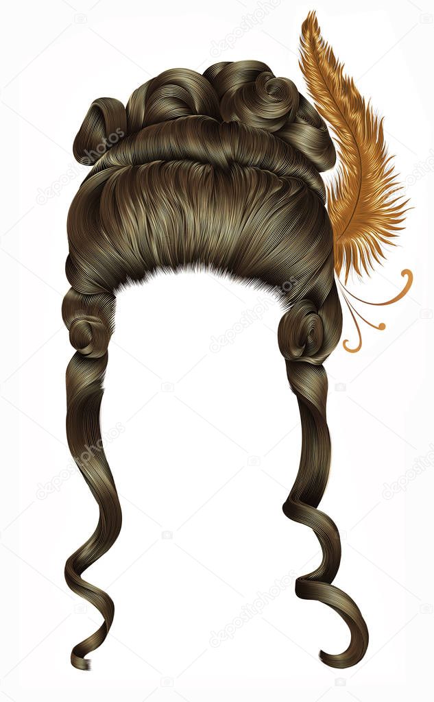 woman wig  hairs curls. medieval style rococo,baroque.high hairdress with  feather.