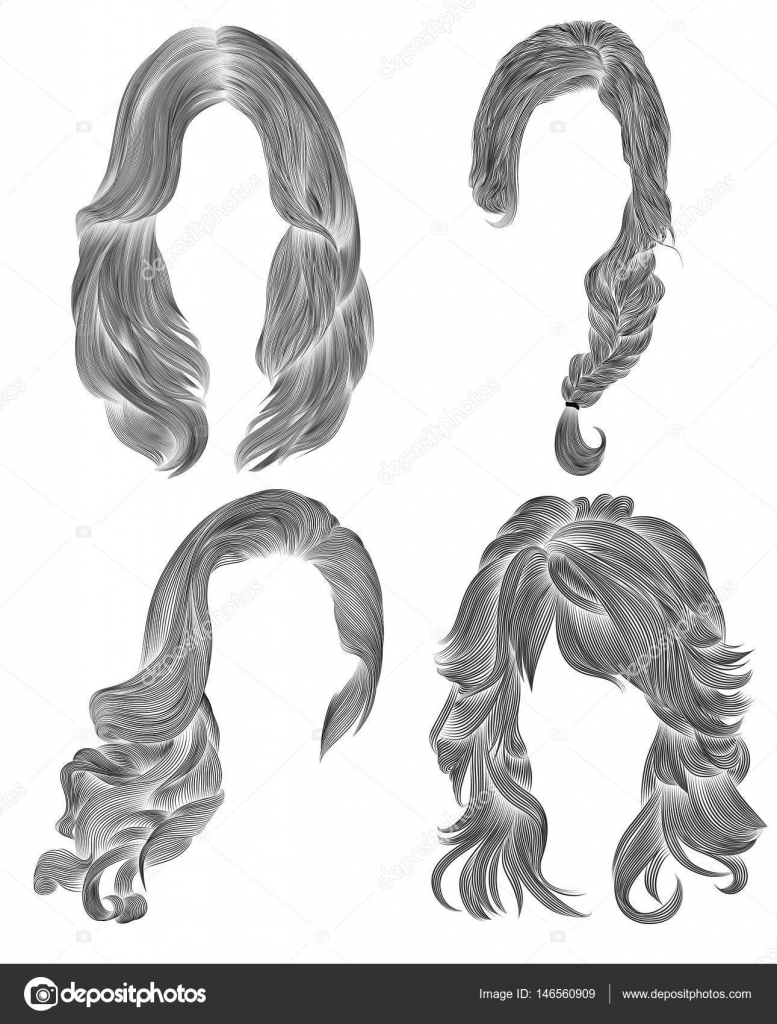 set long woman hairs . black pencil drawing sketch . women fashion beauty  style. fringe curls cascade plaits bow. Stock Vector | Adobe Stock