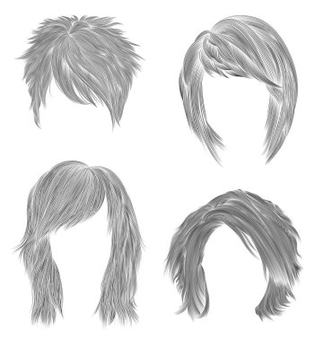 kısa ve orta kadın kıllar ayarlayın. Kara kalem çizim kroki. kadın moda güzellik tarzı. Art arda sıralı darmadağınık saçak bukleler .  