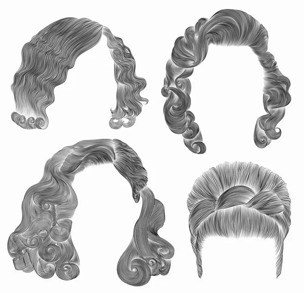 Definir cabelos de mulher. desenho a lápis preto esboço. retro hairstyle.babette ondas encaracoladas — Vetor de Stock